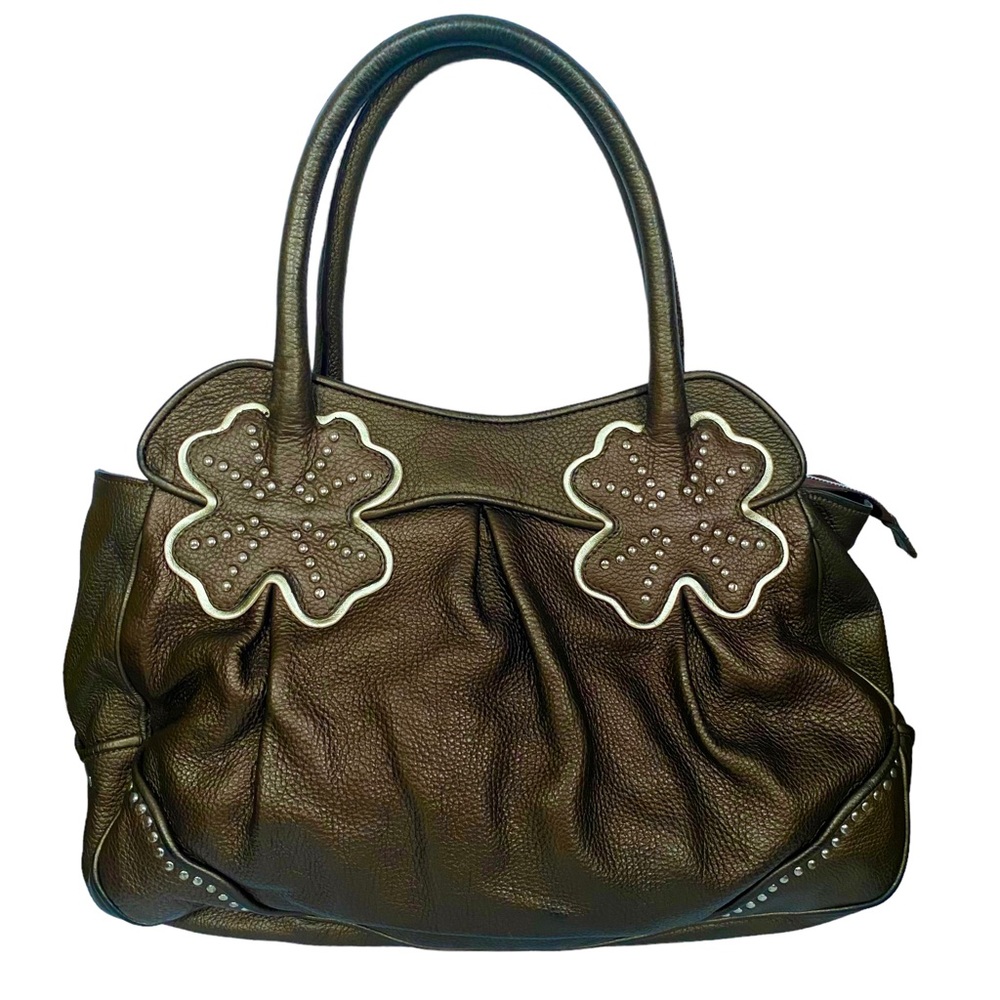 Ripani Large Pebble Leather Bronze Four Leaf Clover Purse Hand Bag $259 Retail